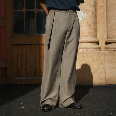 TANOXI三醋酸亚麻羊毛腰带直筒裤