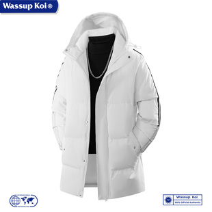 WASSUP KOI联名男士连帽中长款羽绒服白色加厚上衣男保暖潮牌外套