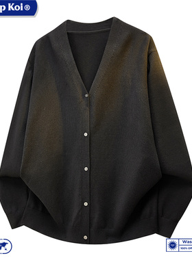 WASSUP KOI联名日系V领针织开衫秋冬宽松休闲毛衣外套黑色纽扣衫