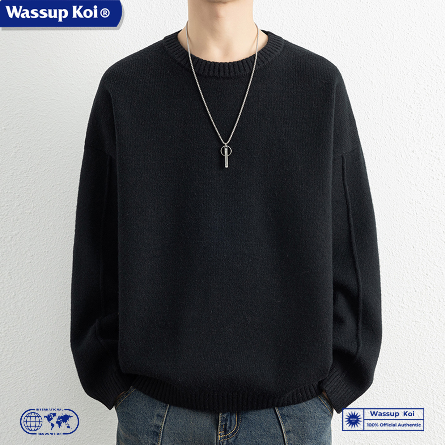 WASSUP KOI联名潮流圆领毛衣男秋冬季潮牌打底针织衫加厚内搭上衣