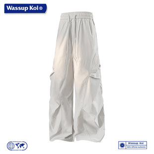 WASSUP KOI联名美式复古工装风直筒裤男宽松系绳多口袋休闲长裤子