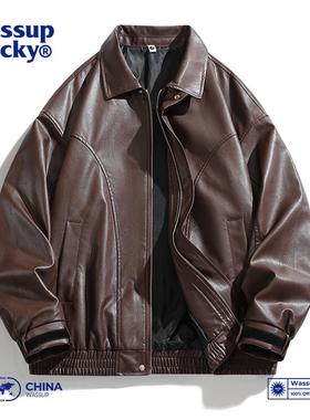 WASSUP ROCKY巴恩风美式百搭复古PU皮衣机车休闲宽松翻领夹克外套