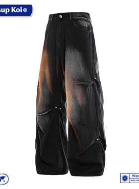 WASSUP KOI联名美式复古高街风黑色阔腿牛仔裤男宽松直筒长裤子男