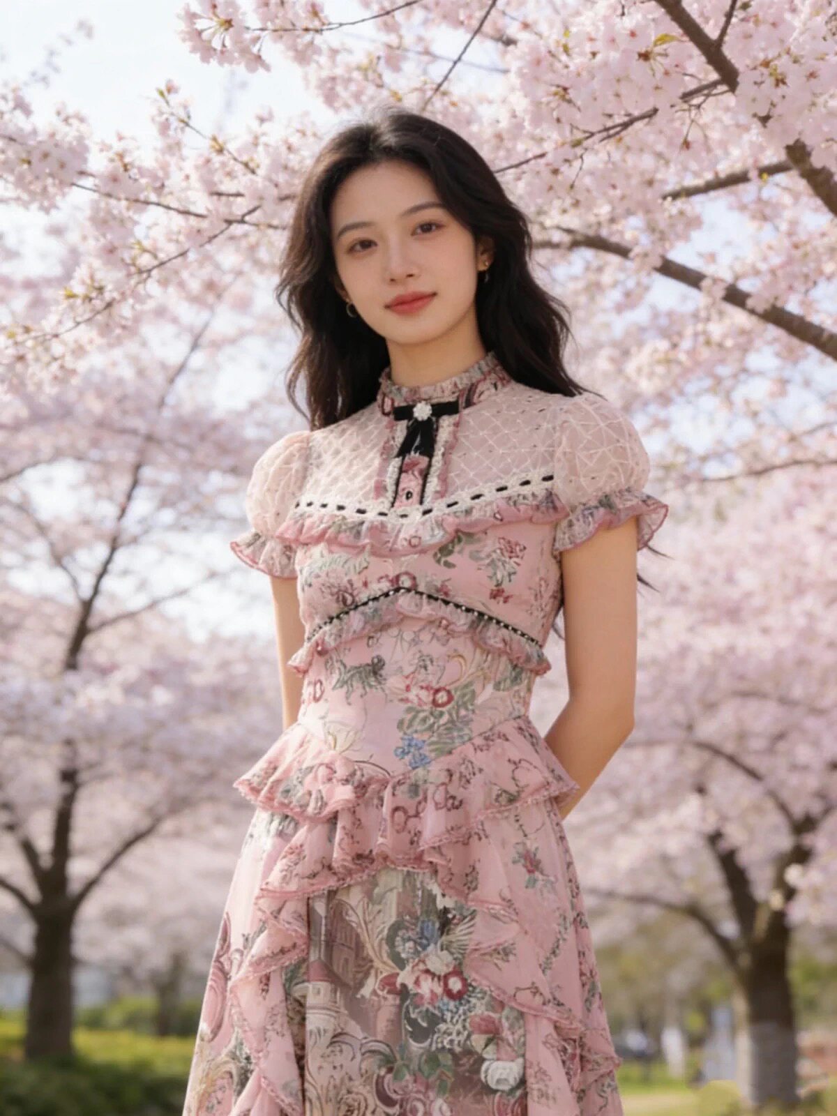 星妍露露2026夏新款甜美浪漫风荷叶边粉色雪纺连衣裙