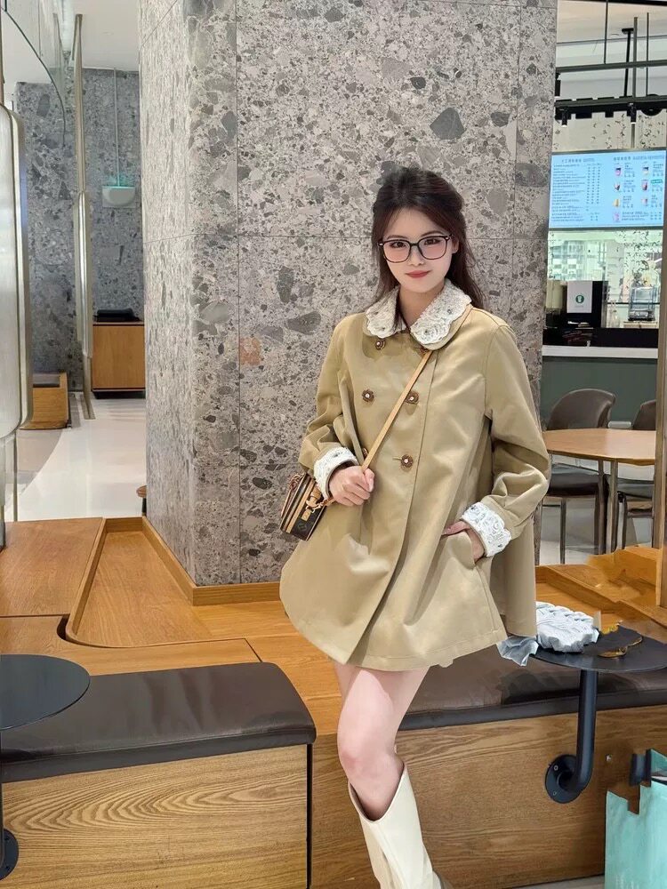 星妍2025年春季新款法式复古蕾丝拼接风衣外套女中长款收腰显瘦