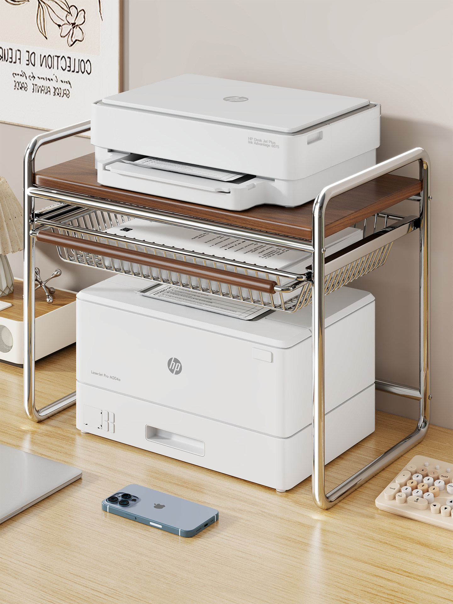 桌面打印机储物架桌面高架双层覆印机放置柜小文件存储支架