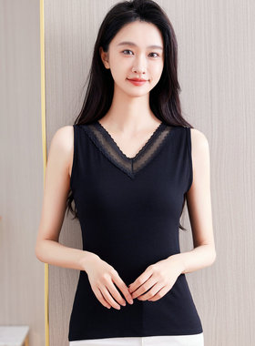 蕾丝V领小吊带背心女士短款上衣春夏季无袖内搭黑白色外穿打底衫