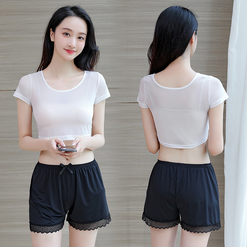 透视半截网纱打底衫女短袖t恤内搭透明紧身半身薄纱短款蕾丝上衣