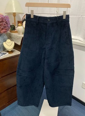 新款日系复古灯芯绒阔腿九分休闲裤秋冬季保暖显瘦100棉
