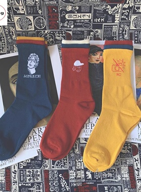 抽象涂鸦长筒袜子男女潮牌红色蓝色黄色个性棉袜韩版复古街头w