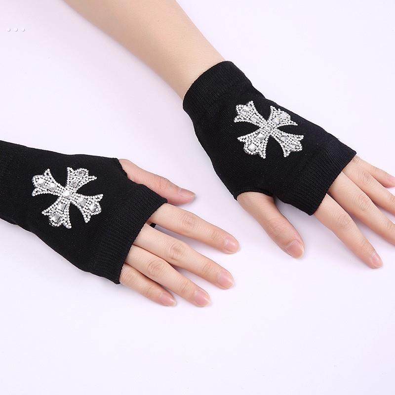 水兵舞露指手套镶钻铆钉五角星纯棉针织黑色手套舞蹈运动护腕男女