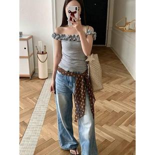 法式慵懒风咖色波点腰带女高级感腰间长条丝巾牛仔裤收腰纱巾配饰