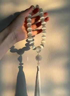 白月光猫眼石手持十八子古文玩手串女生盘珠流苏小手捻绕指柔古风