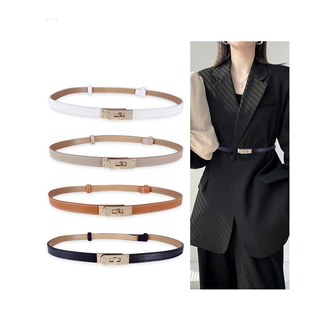 新款锁扣可调节细腰带女搭配西装外套百搭时尚束腰二层牛皮小皮带