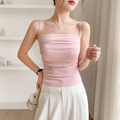 桃粉色绝美褶皱显瘦带胸垫吊带背心女夏季 内搭美背齐腰抹胸上衣潮