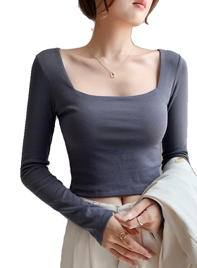 纯棉方领打底衫女内搭短款长袖