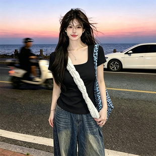 方领短袖T恤女2026春夏装款内搭打底衫黑色低领体恤修身上衣
