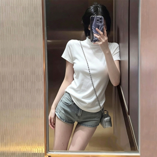 法式黑色半高领正肩短袖女t恤夏薄款冰丝针织衫独特漂亮掐腰上衣
