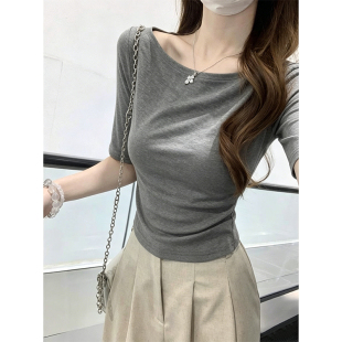 高级感复古一字领冰丝短袖针织衫女夏季法式黑色修身显瘦半袖上衣