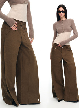 dat.明後日 双腰头宽松复古时髦休闲阔腿分叉搭片长裤