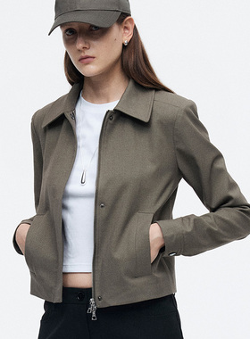 dat. 羊毛混纺带垫肩卡其绿正肩修身短款休闲翻领双拉链夹克