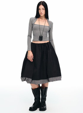 dat.明後日 双面可穿超大量感格纹拼接时髦褶皱复古蓬蓬裙