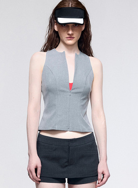 dat.明後日 运动感修身圆领双头拉链可调节西装面料无袖马甲背心