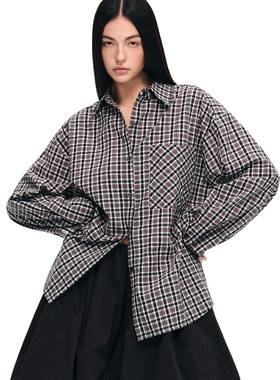 dat.明後日 黑灰度普林格纹微皱泡泡棉廓形落肩慵懒宽松长袖衬衫