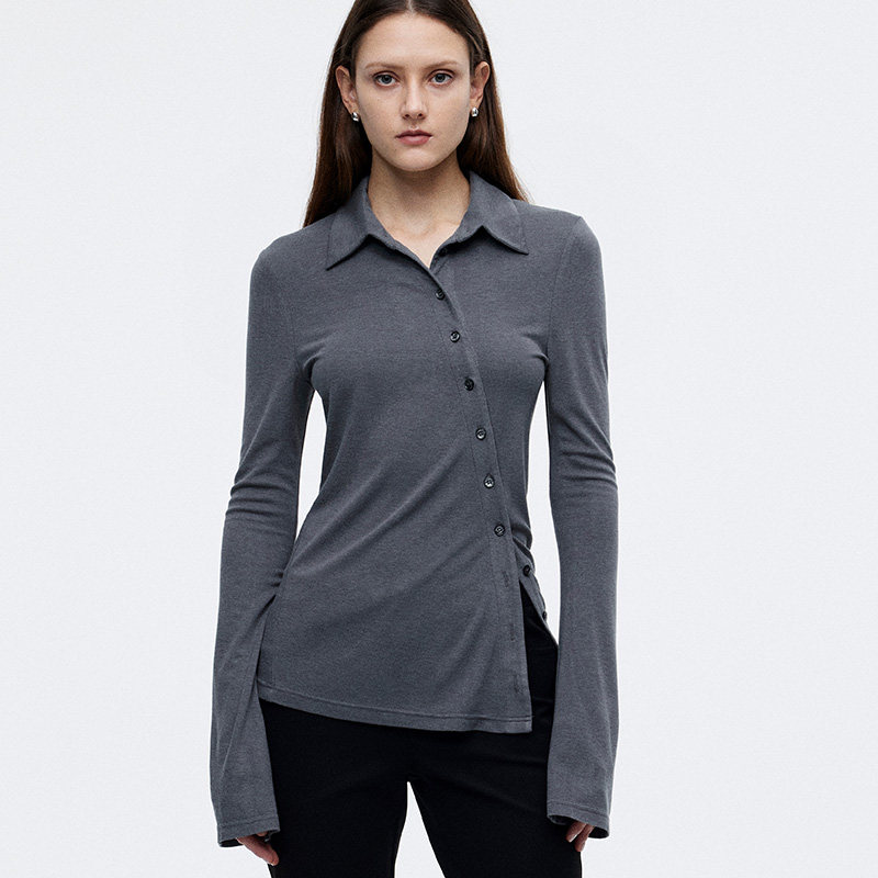 dat.羊毛修身斜门襟针织衬衫