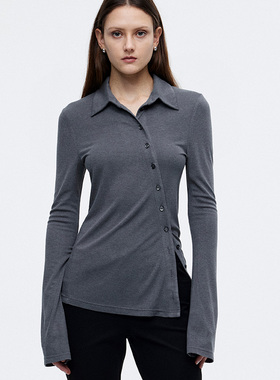 dat. 羊毛莫代尔不对称下摆中长修身显瘦微喇袖斜门襟针织衫衬衫