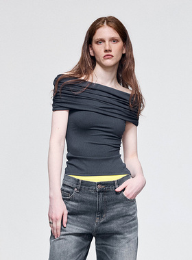 dat.明後日 翻折领深灰修身抹胸抽褶无袖一字领露肩T恤背心上衣