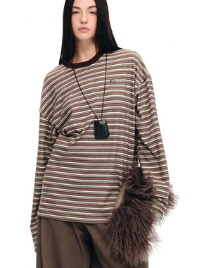 dat.明後日 软糯弹力垂坠感咖系横条纹针织磨毛轻松罩衫宽松T恤