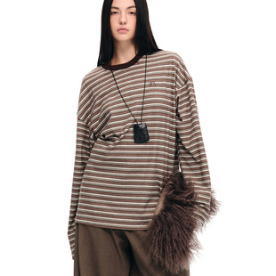 dat.明後日 软糯弹力垂坠感咖系横条纹针织磨毛轻松罩衫宽松T恤