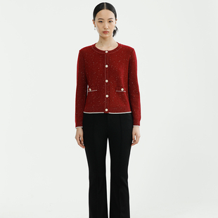 戴布拉芬新款冬季洋气时尚精纺羊毛气质圆领女士红色针织毛衣外套