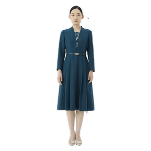 戴布拉芬品牌新款冬季假两件深V领腰带装饰时尚大气显瘦连衣裙