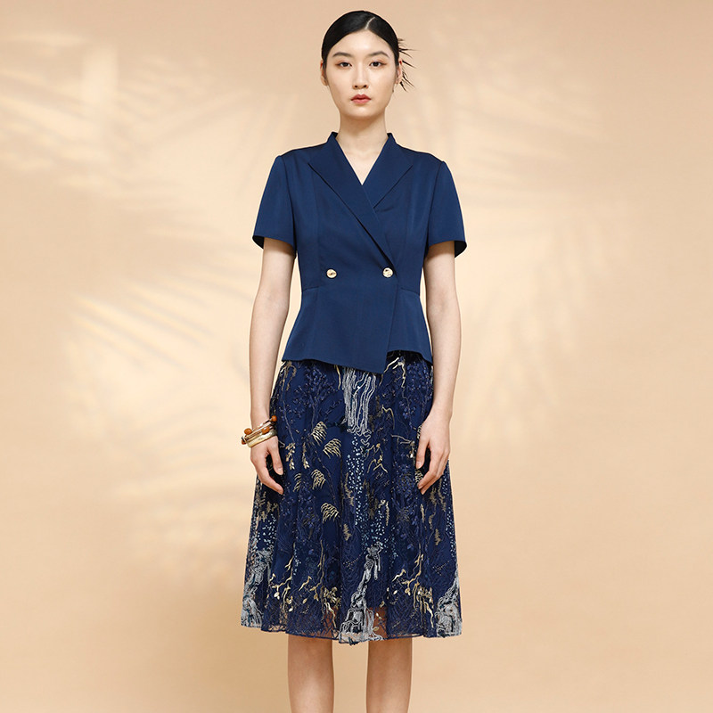 戴布拉芬品牌新款夏季通勤气质显瘦西装网纱拼接假两件连衣裙女