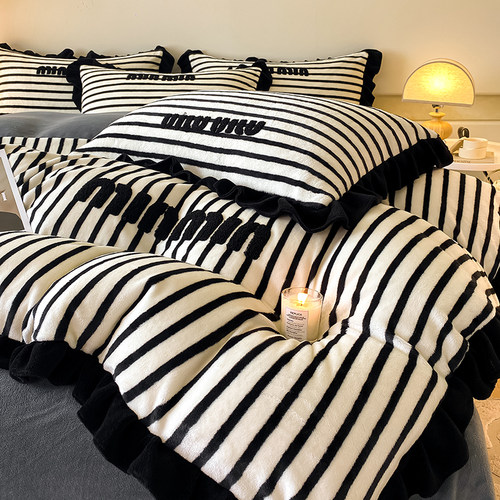 简约条纹牛奶绒床上四件套冬季