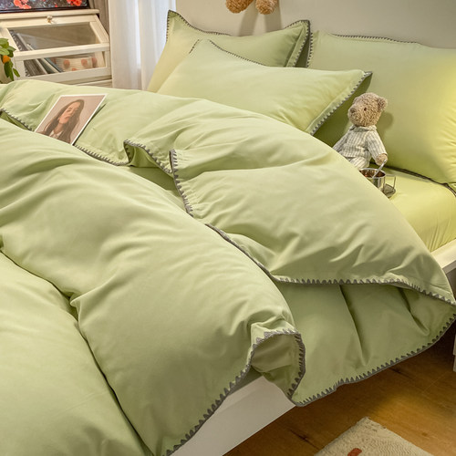 轻奢四件套水洗棉裸睡亲肤轻奢风纯色包边被套简约宿舍床单三件套