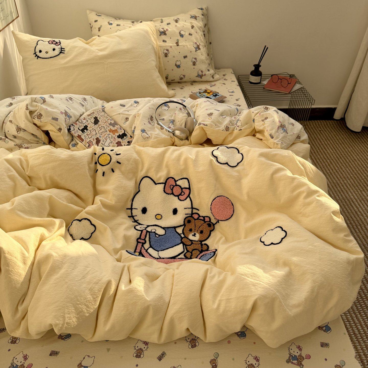ins奶油可爱滑板kt毛巾绣水洗棉床单四件套非纯棉全棉三件套被套,床上用品,学生床品套件,淘宝优惠券,粉丝福利购,淘宝优惠卷