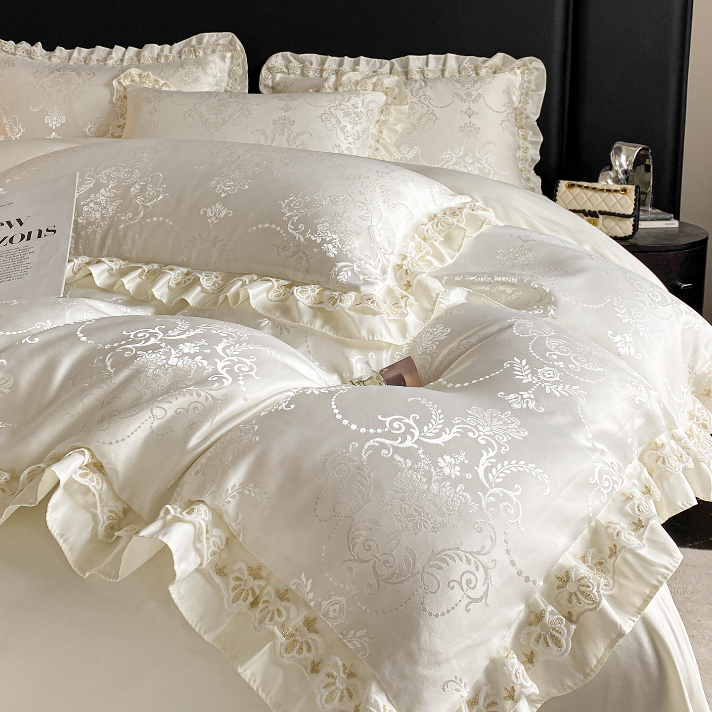 法式夏季凉感冰丝四件套丝滑裸睡被套床笠床单公主风蕾丝花边床品