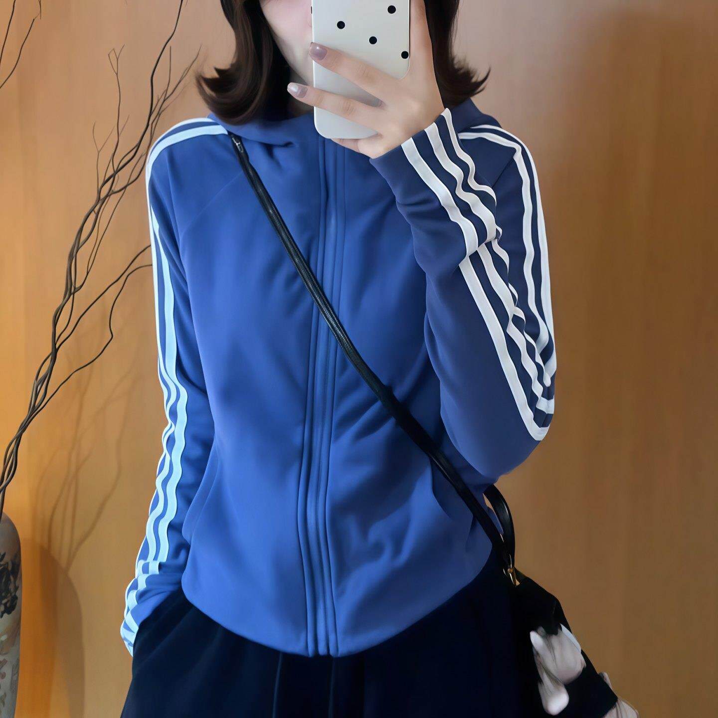 ROUMIKL连帽拉链撞色杠条卫衣外套女2025新款秋季长袖修身开衫运