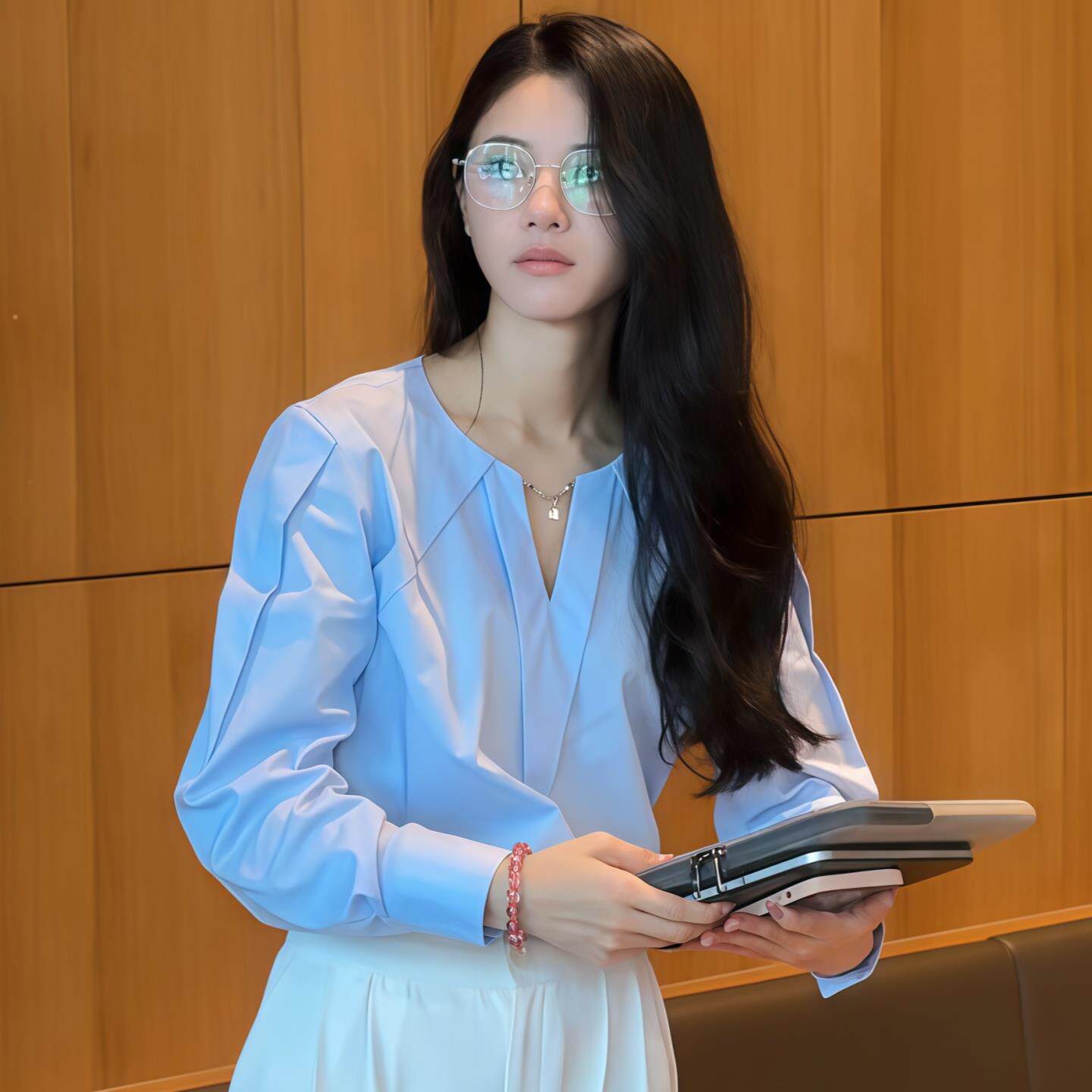 ROUMIKL压褶V领蓝色衬衫女2025新款秋季温柔气质小众长袖衬衣知性