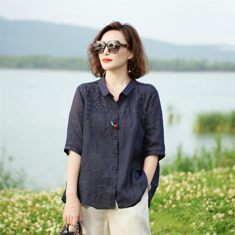 RIERA夏季妈妈装薄款衬衫2025夏天新款大码时尚高端苎麻五分袖上