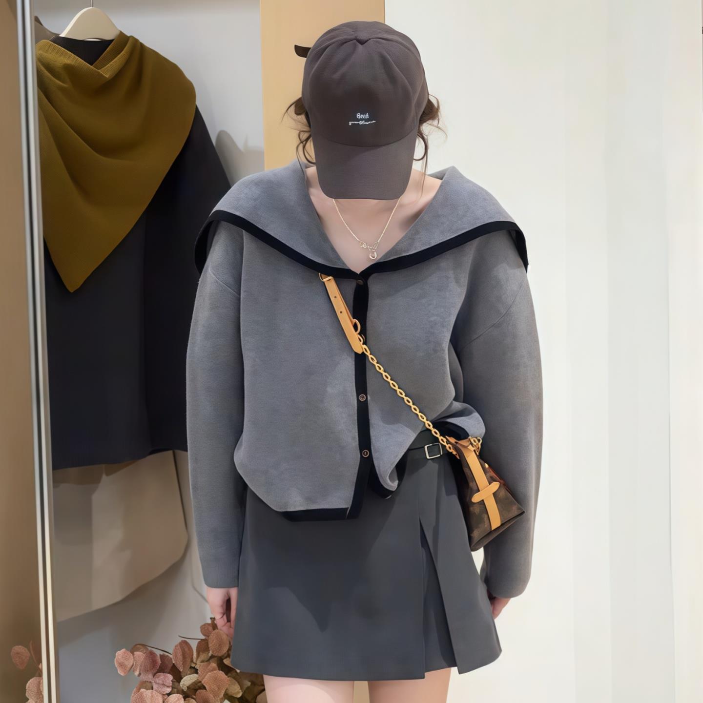 ROUMIKL海军领针织开衫女2025新款秋季学院风长袖单排扣毛衣短款