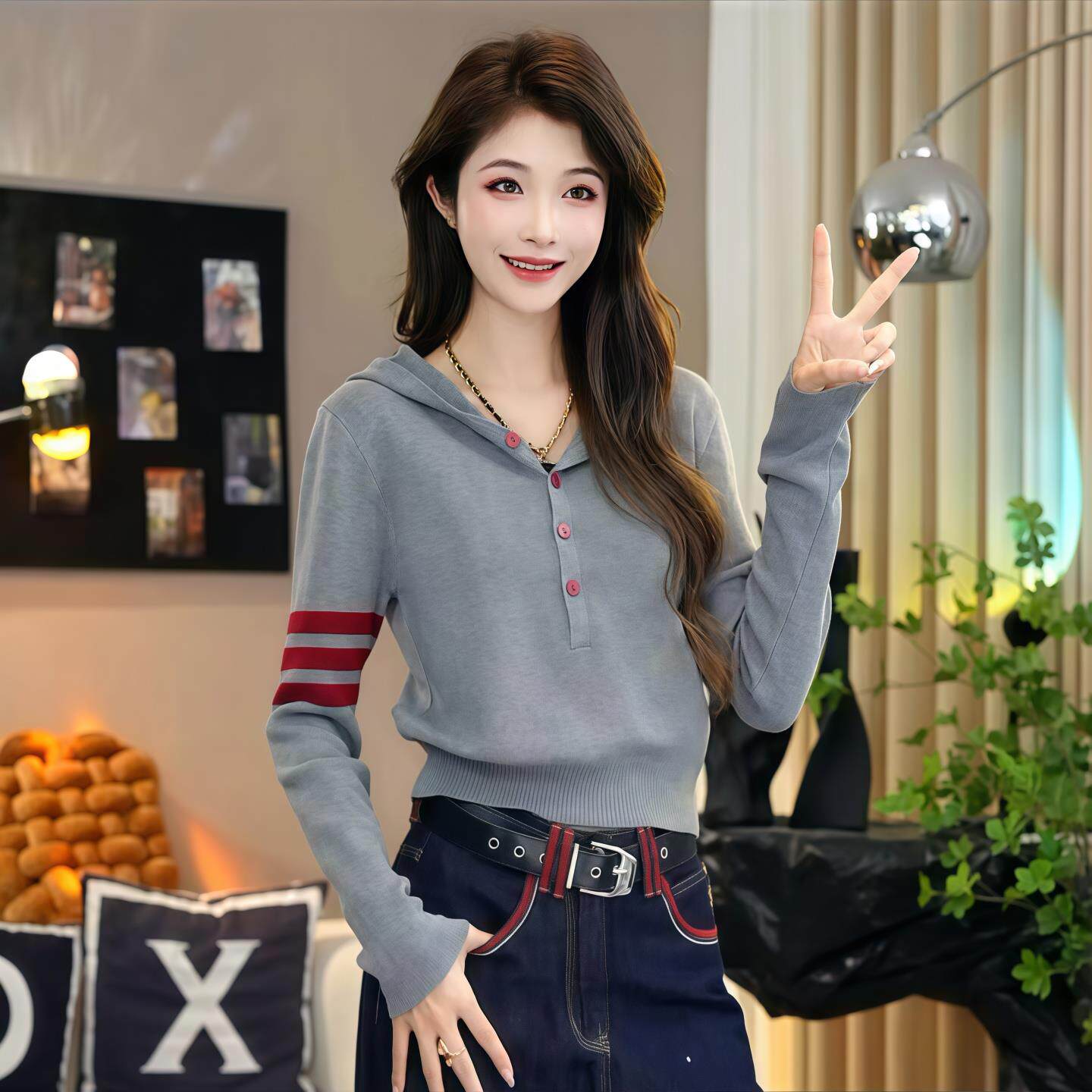 ROUMIKL连帽半开扣杠条针织衫女2025新款秋季正肩长袖帽衫修身百