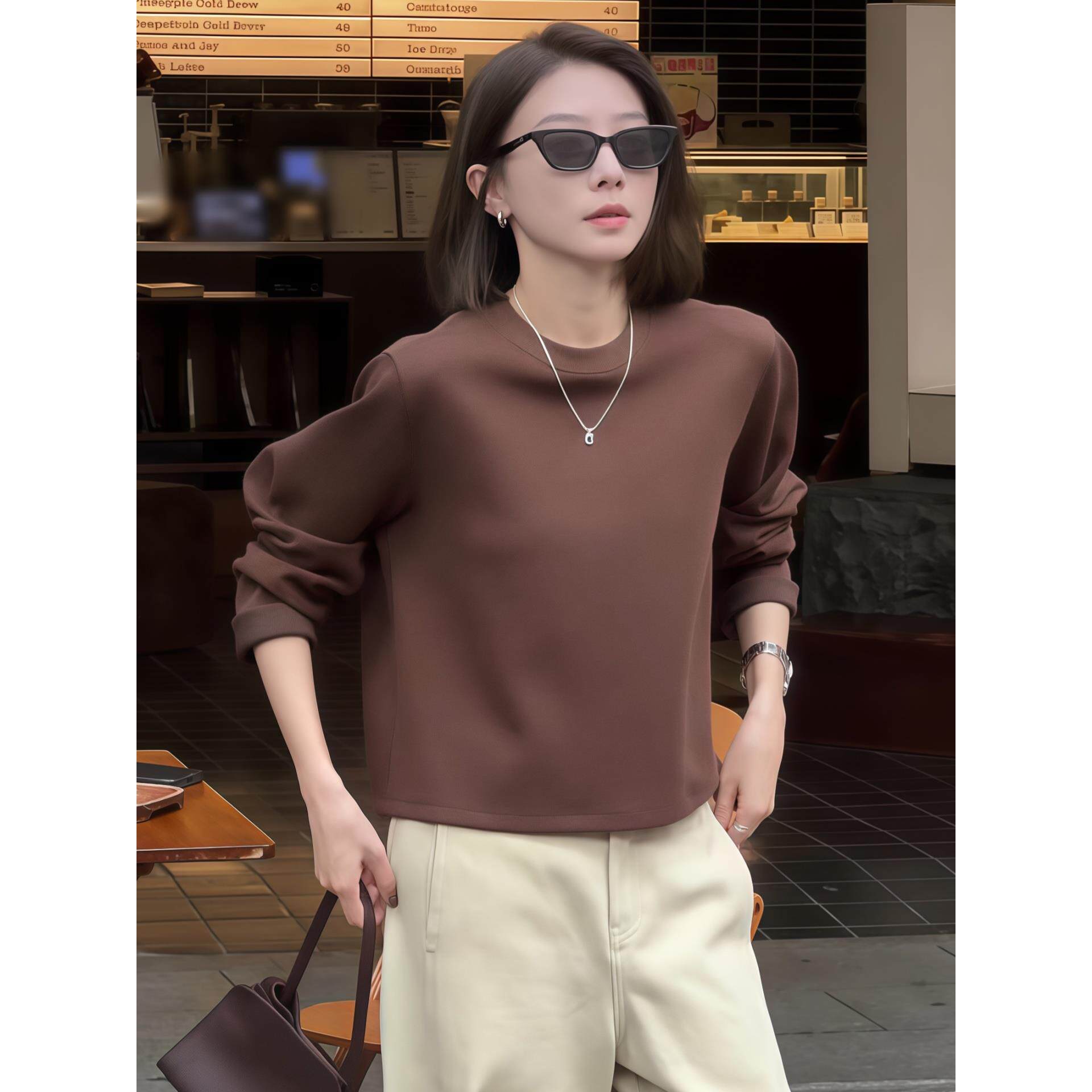 ROUMIKL后背扣子圆领正肩T恤女2025新款秋季简约宽松纯色长袖短款