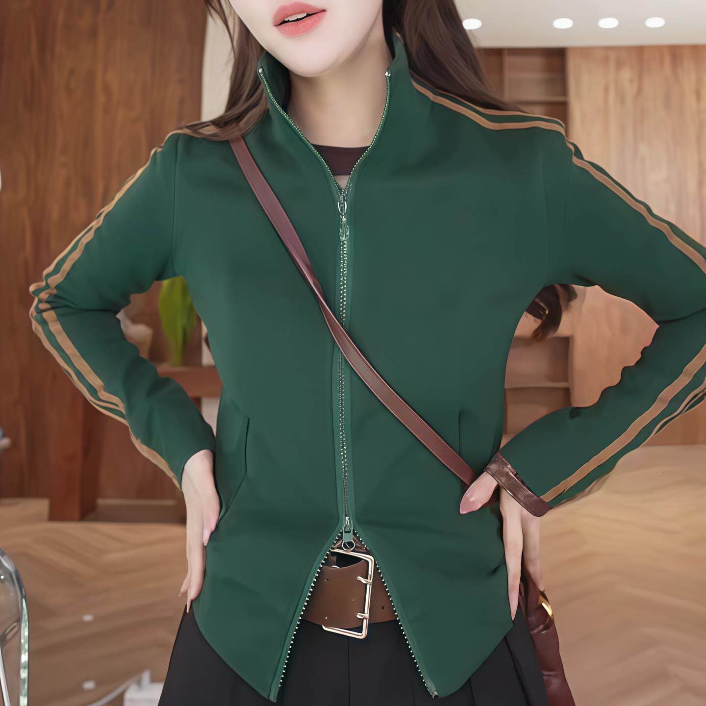 ROUMIKL立领拉链杠条卫衣外套女2025新款秋季修身显瘦长袖短开衫