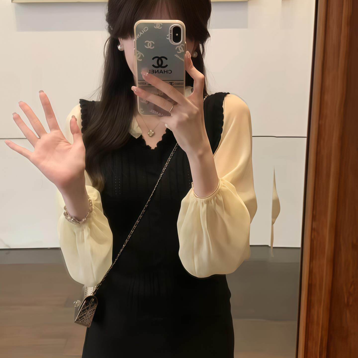 ROUMIKL温柔灯笼袖V领衬衫女2025新款早秋薄款拼接针织假两件长袖