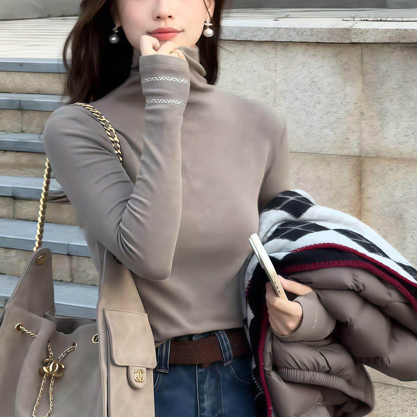 ROUMIKL烫钻袖口高领打底T恤女2025新款秋冬舒适修身百搭长袖内搭