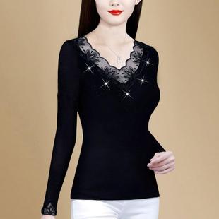 ROUMIKL高端黑色打底衫女春秋义乌超好看单穿V领贵夫人洋气T恤长